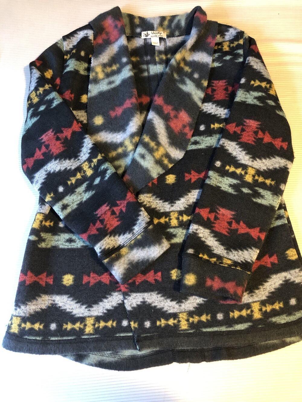 Unity World Wear Womens M Southwestern Aztec Fleece Jacket Open Front Boho